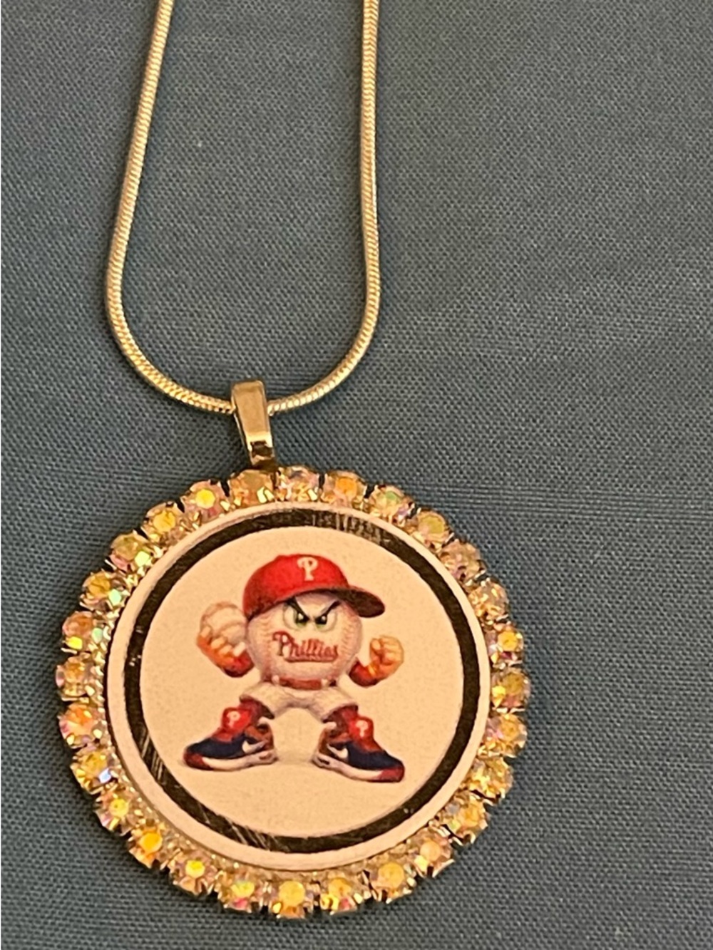 Gold-Tone Phillies Baseball Pendant Necklace - Pink Rhinestone